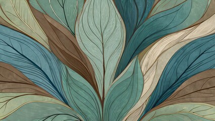 Detailed leaf texture in muted greens, blues, and earthy browns, capturing the essence of nature and autumn foliage.