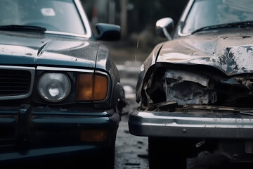 Obraz premium car accident. frontal crash of two cars closeup