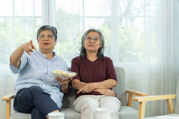Asian senior woman and friend joyful during watching Television at home