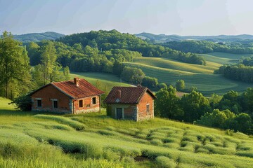 A peaceful countryside scene with rolling hills, a small farmhouse, and a clear blue sky. 
