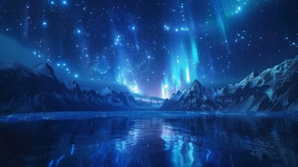 Sapphire Northern Lights Vector Illustration: Glowing Streaks, Starry Sky, Symmetrical Composition with Water Reflection, Digital Art