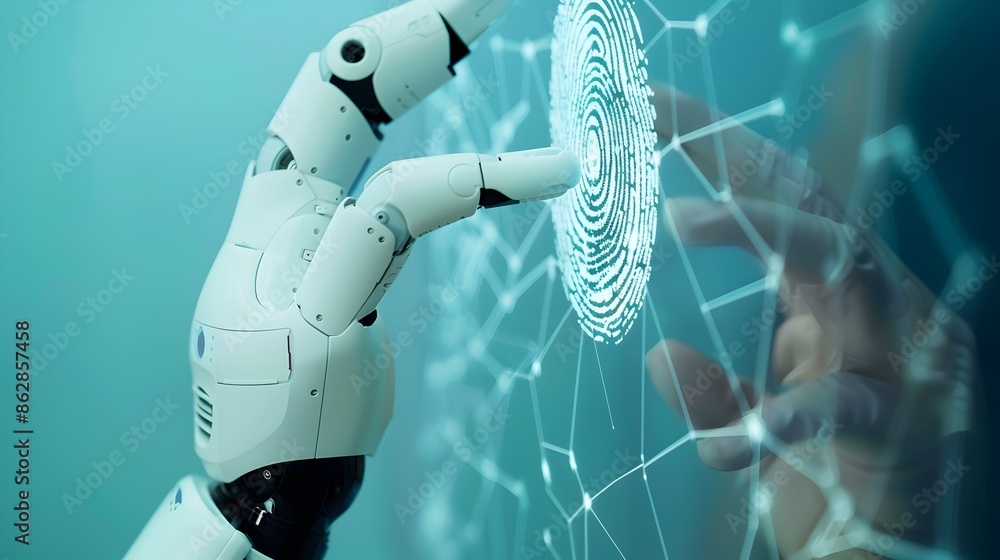 Poster robotic arm interacting with holographic interface in futuristic digital environment
