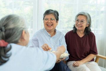 Happy Senior friends group meet and spend leisure time with happy in living room