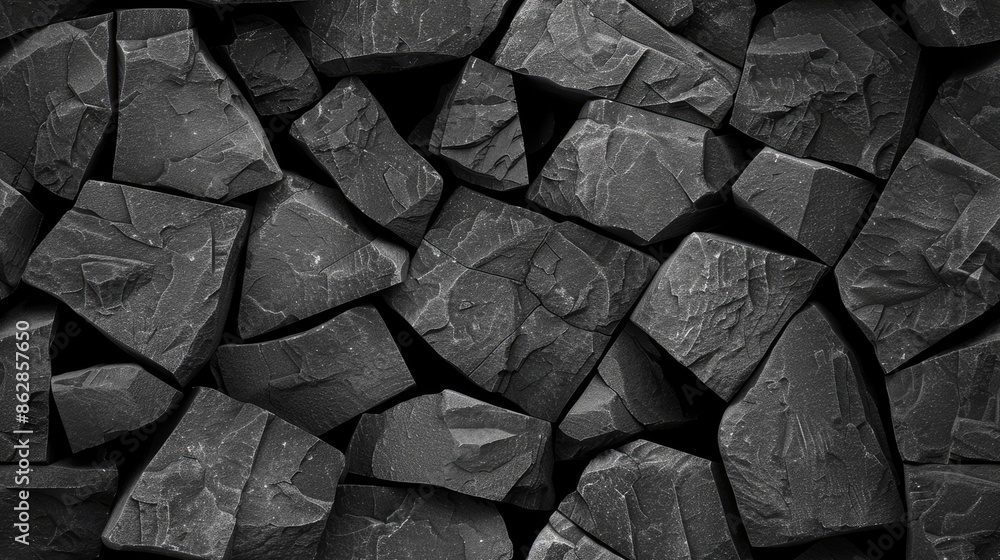 Poster a close-up shot of a stack of black rocks. the rocks are irregularly shaped and have a rough texture