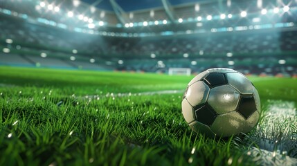 Naklejka premium A soccer ball rests on the green grass of a stadium