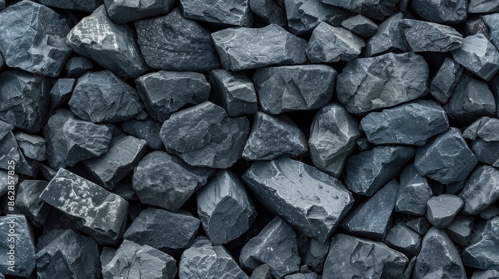 Poster a close-up photo of a pile of dark gray rocks, showing their rough textures and irregular shapes sea