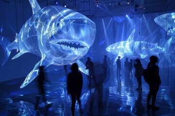 surreal experience of immersive art exhibit with  people interacting with larger-than-life neon blue projections and sculptures of translucent sharks