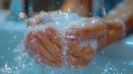 Fototapeta premium Close-up of hands under running water with soap bubbles. Hygiene, health, and cleanliness concept emphasizing importance of proper hand washing.