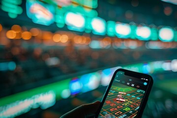 Sports betting. Mobile phone screen against background of sports competition analysis charts. Display of bets, winnings, losses on screen. Bookmakers, betting, prediction, luck.