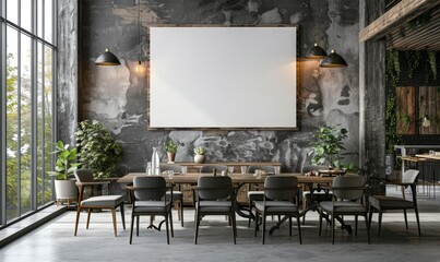 Rustic dining room with a blank canvas on the wall