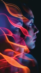 Naklejka premium Colorful abstract portrait of a woman with vibrant light trails in a dark background