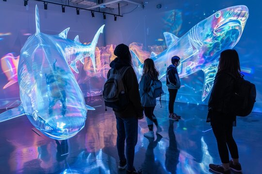 surreal experience of immersive art exhibit with  people interacting with larger-than-life neon blue projections and sculptures of translucent sharks