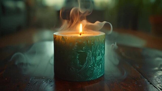 A close-up shot of a burning peppermint scented candle on a wooden table with smoke rising from the flame.