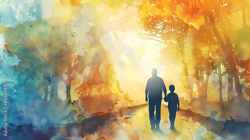 Poster silhouette of a parent and child walking down a path, surrounded by an abstract watercolor backgroun