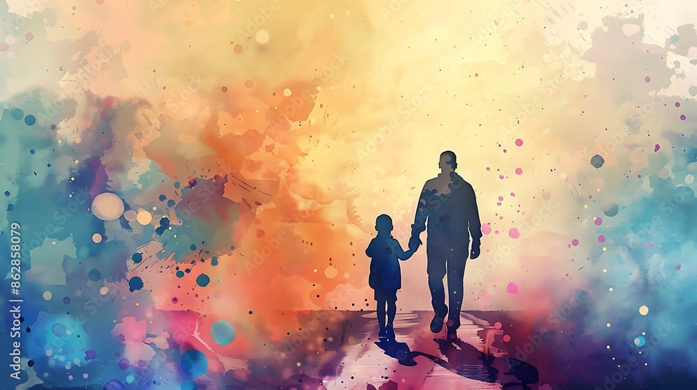 Poster silhouette of a parent and child walking down a path, surrounded by an abstract watercolor backgroun
