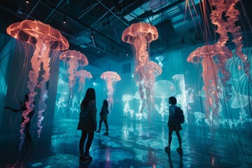 immersive art exhibit with people interacting with larger-than-life sculptures of translucent jellyfish and projections
