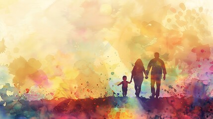 Fototapeta premium A parent and child holding hands, their silhouettes walking away into a colorful watercolor landscape. The abstract background reflects themes of guidance, parenthood, and the path of righteousness.