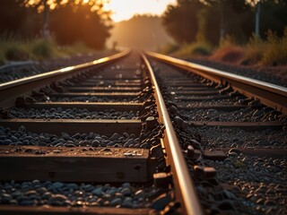 Fototapeta premium Train tracks leading towards the sunset. Concept of travel, journey, destination, railway, transportation.