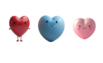 Illustration of Cute 3D Render: Red, Blue, and Pink Heart Cartoon Character Set, Isolated on Transparent Background, PNG