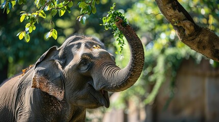 Fototapeta premium Elephant Eating: An elephant pulling leaves from a tree with its trunk.