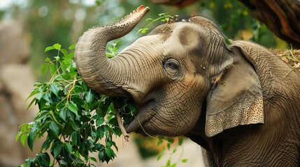Naklejka premium Elephant Eating: An elephant pulling leaves from a tree with its trunk.