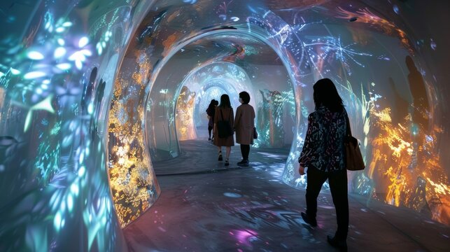 visitors walking through immersive art installation tunnel with metallic translucent ephemeral dreamy vibe and intricate designs filling the space - Powered by Adobe
