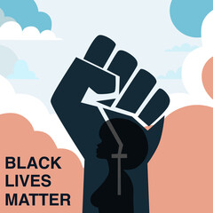 Poster with Black Lives Matter. Hand in a fist and silhouette of a dark-skinned woman, vector illustration banner. Campaign against racial discrimination of dark skin color. 