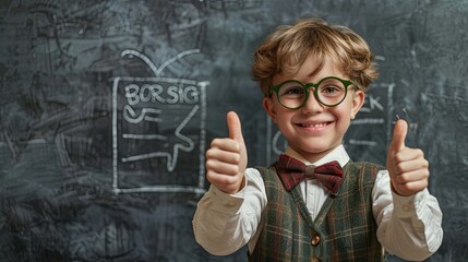 A happy boy with glasses and a bow tie giving thumbs up in front of a chalkboard in a classroom setting. Back to school.