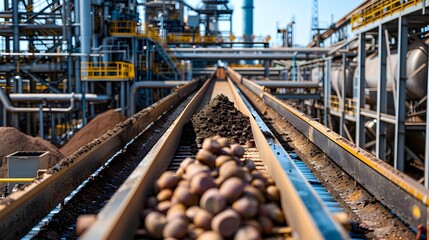 Fototapeta premium Industrial Railway Conveyor System at Manufacturing Plant for Production and Logistics
