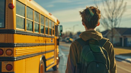 A boy in a raincoat with a backpack heading towards a school bus. Ready to back to school day.