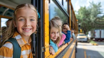 Obraz premium Happy children with backpacks looking out the window of a school bus. Ready to back to school day.back to school