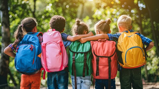 A group of kids with colorful backpacks Hugging together for back to school day.