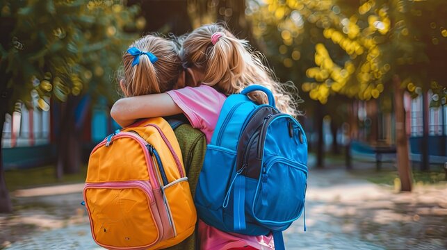 Two girls with backpacks hugging each other for back to school day.