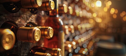 Rows of Wine Bottles in a Warmly Lit Cellar