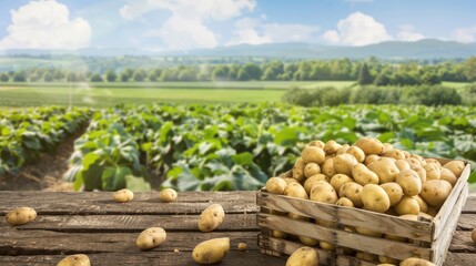 A wooden crate filled with freshly harvested potatoes sits on a wooden surface in front of a lush potato field