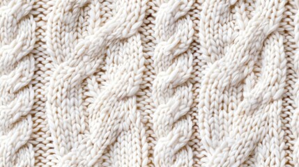 Seamless close-up of thick, white knit fabric showcasing braided patterns, isolated on white background. Cozy winter texture concept.