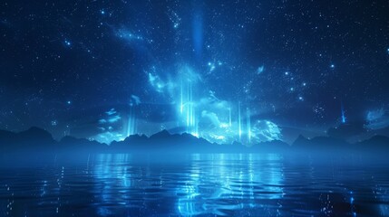Obraz premium Sapphire Northern Lights Vector Illustration: Glowing Streaks, Starry Sky, Symmetrical Composition with Water Reflection, Digital Art