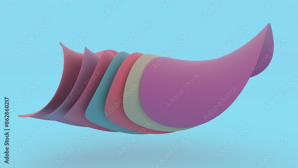 Poster abstract artistic shape red iridescent texture wavy paper layers folded on blue background 3d render