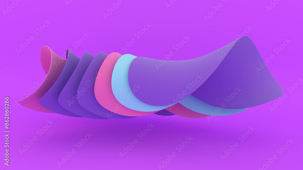 Poster abstract unique shape violet iridescent texture wavy paper layers folded on purple background 3d ren