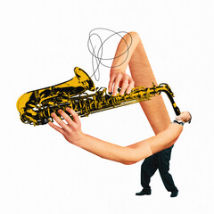 Poster. Contemporary art collage. Jazzman playing with his huge arms oversized saxophone,...