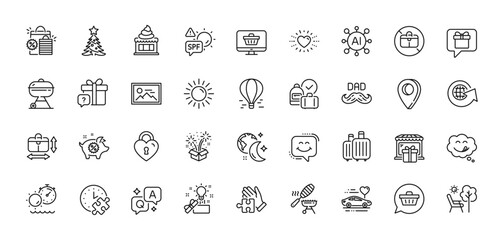 Creative idea, Puzzle time and Heart line icons pack. AI, Question and Answer, Map pin icons. Ice cream, Fireworks, Secret gift web icon. Fish grill, Puzzle, Air balloon pictogram. Vector