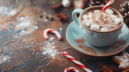 Festive hot drink with marshmallows and candy cane on textured table Warm holiday vibes with cocoa cookies and spices Blank area for adding content