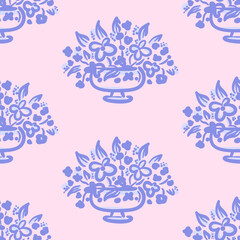 Vector floral seamless pattern. Abstract blue flowers in a pot in hand drawn style on pink background. Garden decor. Retro vibe. Cottage core. Design for fabric, wallpaper, wrapping paper