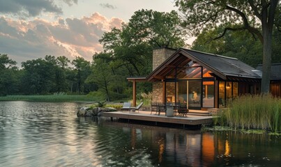 Obraz premium A serene lakeside cabin with a view of the water