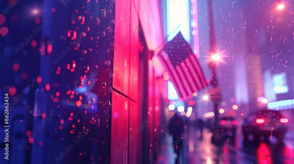 Poster raindrops on a window with blurred neon lights and an american flag in the background, creating a mo