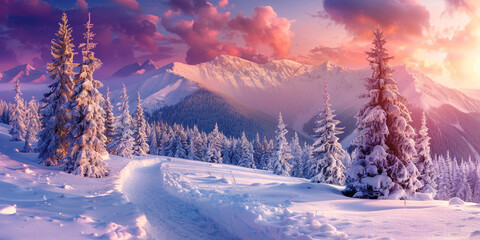 A sunset over a snowy mountain with tracks in the snow