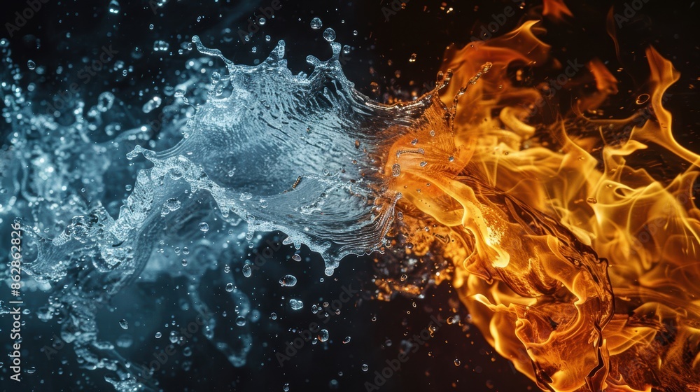 Poster dramatic collision of water splash and fire flame, capturing the dynamic interaction of opposing ele