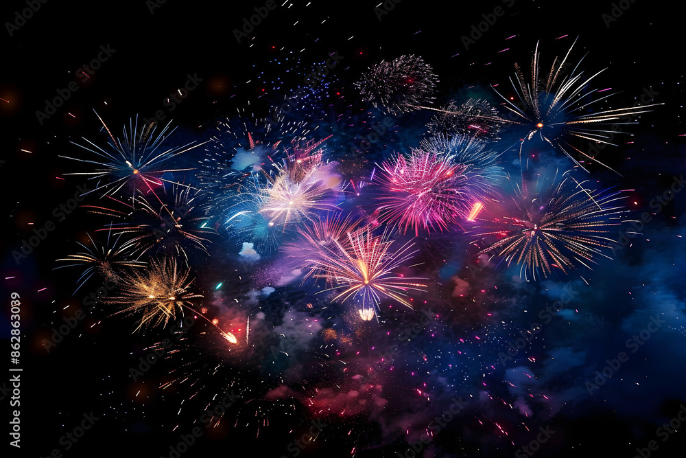 Poster aerial display of colorful fireworks exploding in the night sky