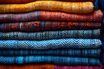 stack of colourful cotton clothes, close up pile of clothing