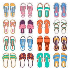Shoes collection in cartoon . Set of casual woman and men footwear shoes, sneakers and boots. Vector illustration isolated on a white background.